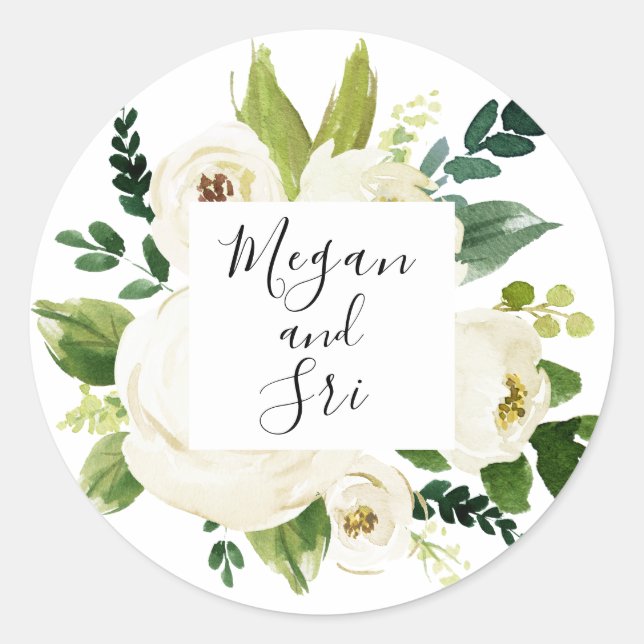 Sticker Rond Calligraphie Moderne de Fleurs Blanches de Verdure (Devant)