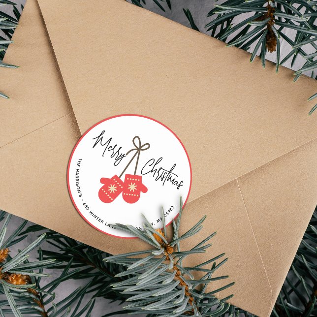 Sticker Rond Calligraphie moderne Red Mittens Adresse de retour (Modern Calligraphy Red Mittens Return Address Classic Round Sticker)