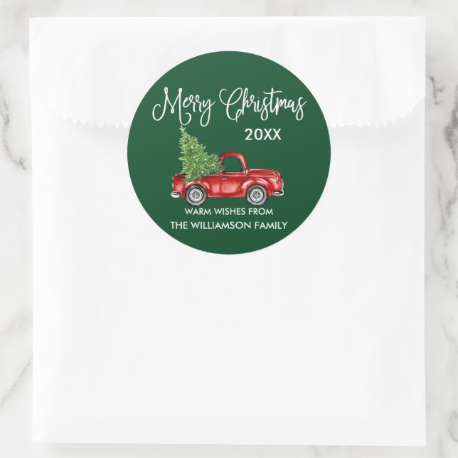 Sticker Rond Calligraphie Noël Camion Rouge Vert Cadeau (Sac)