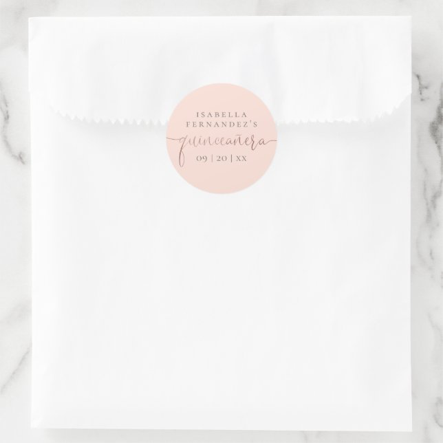 Sticker Rond Calligraphie or rose et Rose Quinceañera (Sac)