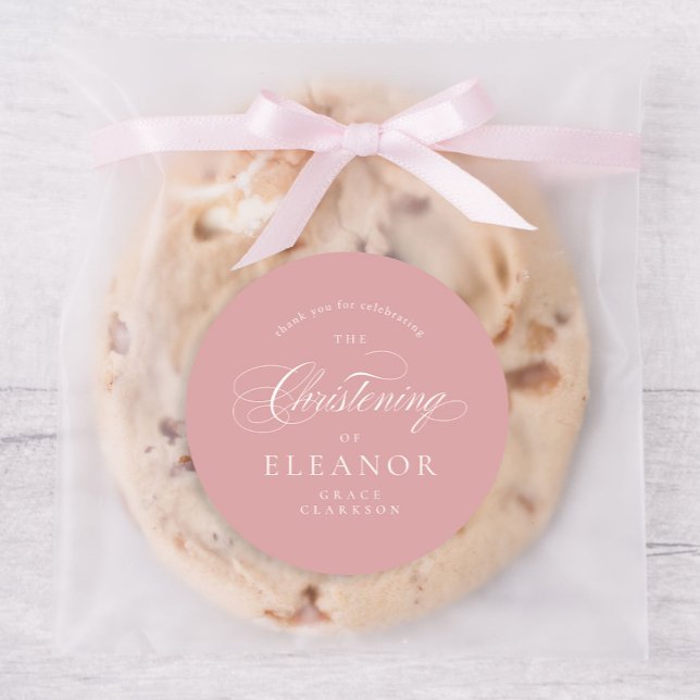 Sticker Rond Calligraphie rose élégante Christening Merci (Créateur téléchargé)