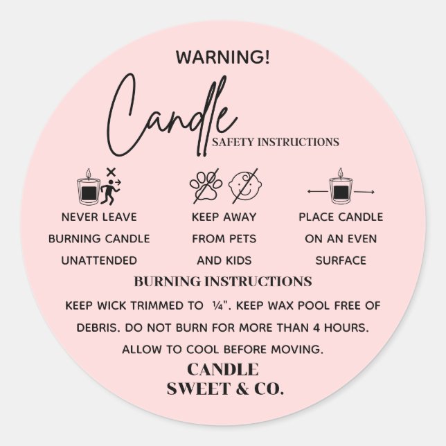 Sticker Rond calligraphie Script Avertissement Bougie Blush Ros (Devant)