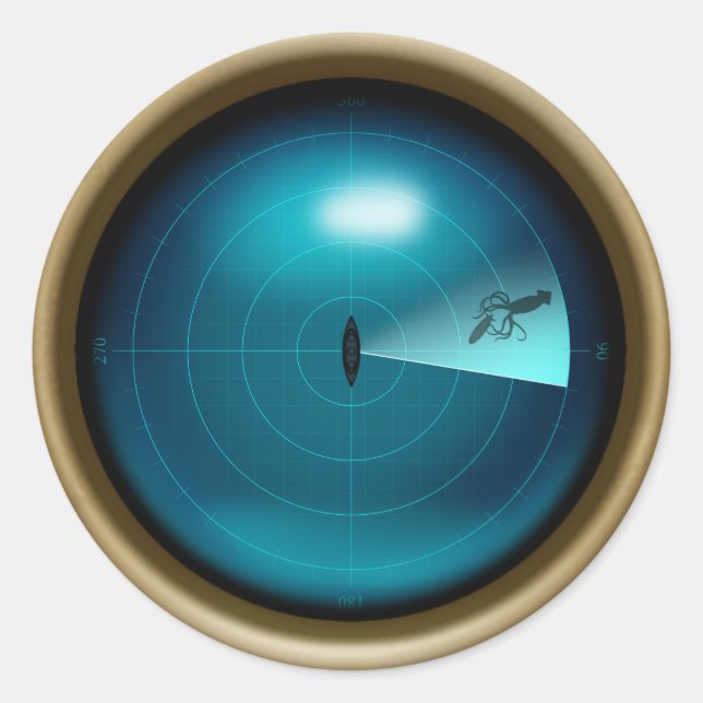 Sticker Rond Calmar géant vu sur navire Sonar Steampunk Nautiqu (Devant)