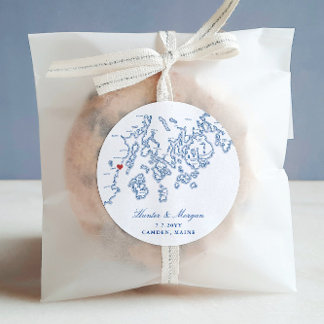 Sticker Rond Camden Maine Carte Elégante Marine Blue Wedding Fa