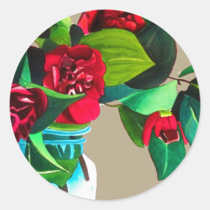 Sticker Rond Camellias rouge avec fleur d'aquarelle de feuillag