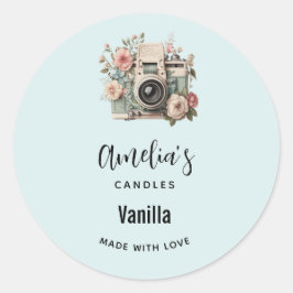 Sticker Rond Camera with Flowers Retro Pastel Candle Business