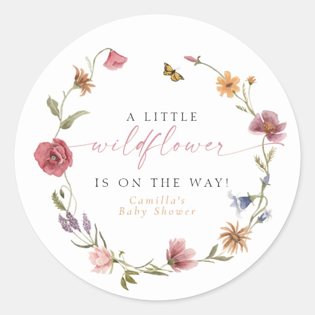Sticker Rond CAMILLA Papillon Fleur sauvage Baby shower fille (Devant)