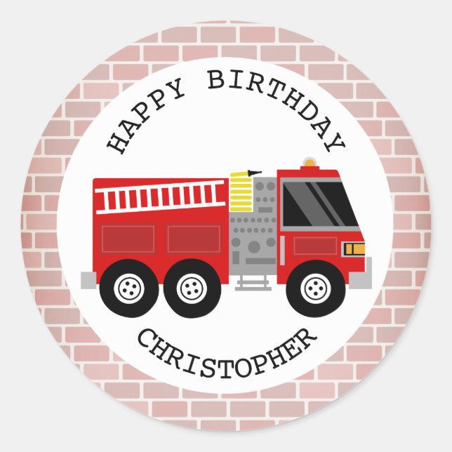 Sticker Rond Camion à feu + briques Stick de fête d'anniversair (Devant)