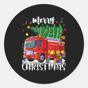 Sticker Rond Camion de pompier de Noël pyjama pompier 