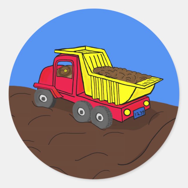 Sticker Rond Camion de vidange Rouge et Jaune dessin animé (Devant)