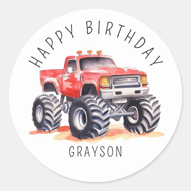 Sticker Rond Camion Monster Rouge personnalisé cadeau d'anniver (Devant)