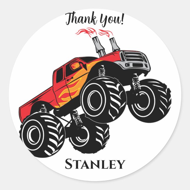 Sticker Rond Camion Monstre Nom Rouge Noir Mignon Merci (Devant)