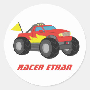 Sticker Rond Camion Monstre Rouge de Course, pour Garçons