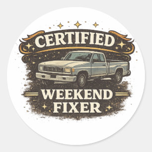 Sticker Rond Camion Rétro Vintage Réparateur de Week-end Certif
