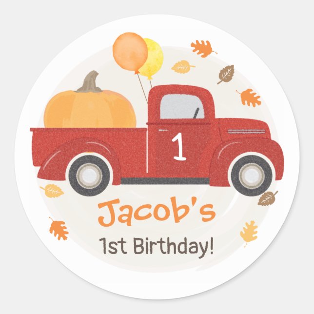 Sticker Rond Camion rouge Citrouille et Feuilles automne 1er an (Devant)