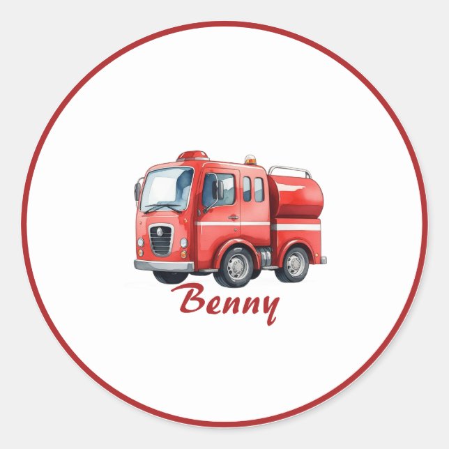 Sticker Rond Camion rouge pompier upsherin fête d'anniversaire  (Devant)