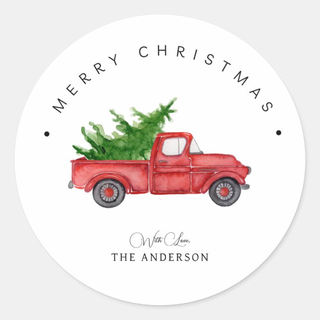 Sticker Rond Camion Russe Rouge Aquarelle Avec Arbre De Noël (Devant)