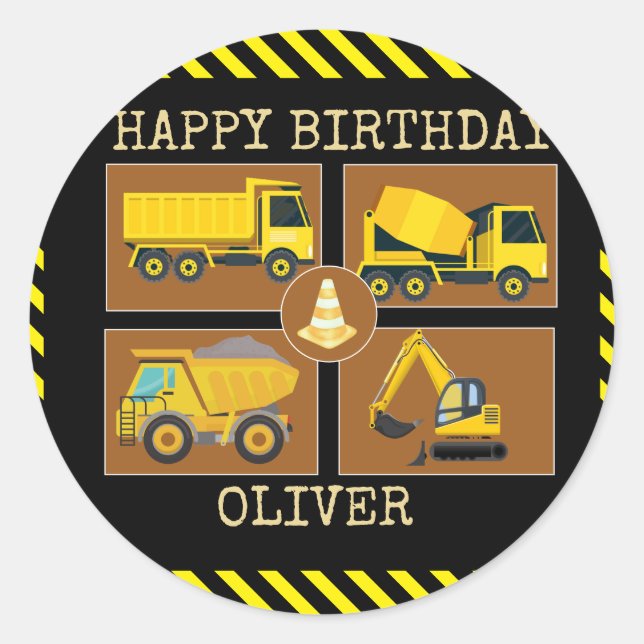 Sticker Rond Camions de construction | CARRÉ ANNIVERSAIRE DE EN (Devant)