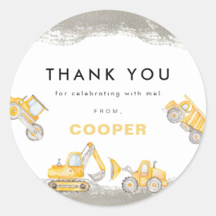Sticker Rond Camions de construction jaunes Anniversaire Merci