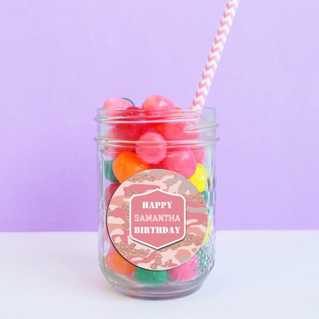 Sticker Rond Camouflage Rose Gold Blush Pink Camo Army Annivers (Camouflage Rose Gold Blush Pink Camo Army Birthday Classic Round Sticker)