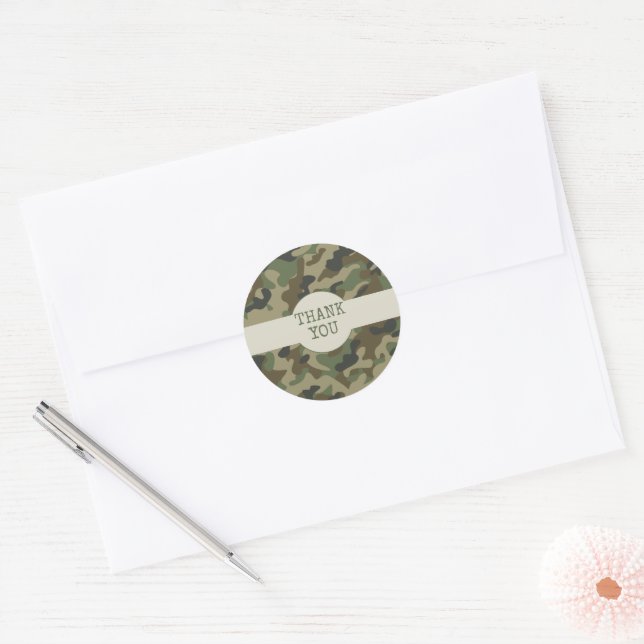 Sticker Rond Camouflage vert Merci (Enveloppe)