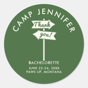 Sticker Rond Camp Bachelorette Party Forest Green Merci