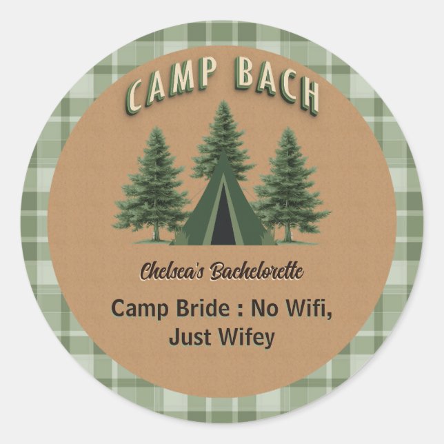Sticker Rond Campagne Rustique Plaid Bach, Tente Evergreen Text (Devant)