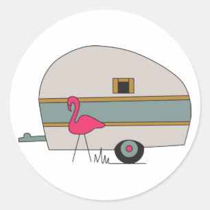 Sticker Rond Camper avec Flamant rose