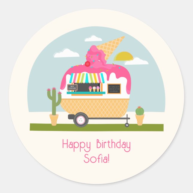 Sticker Rond Camper Camper Girls Crème Glace Anniversaire rose (Devant)