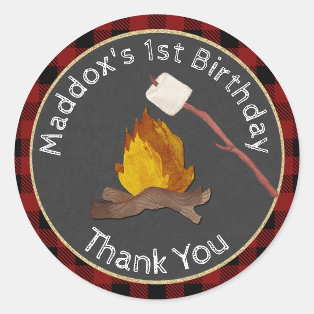 Sticker Rond Camper Joyeux Feu de Campfire Anniversaire (Devant)