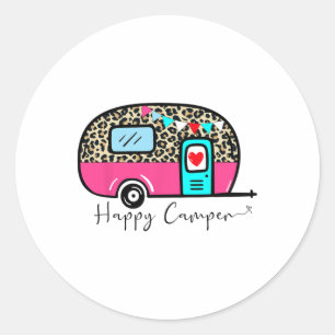 Sticker Rond Campeur Heureux Camp d'été Camping Léopard Drôle G