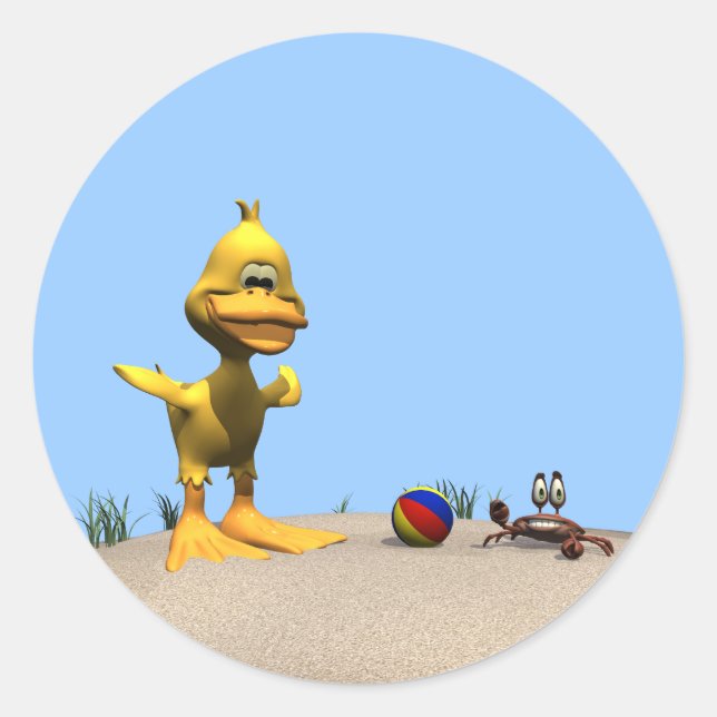 Sticker Rond Canard caricaturé mignon et crabe sur la plage (Devant)
