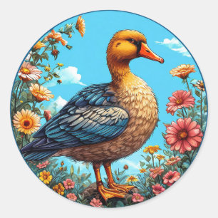 Sticker Rond Canard Coloré Debout Parmi des Fleurs Vibrantes