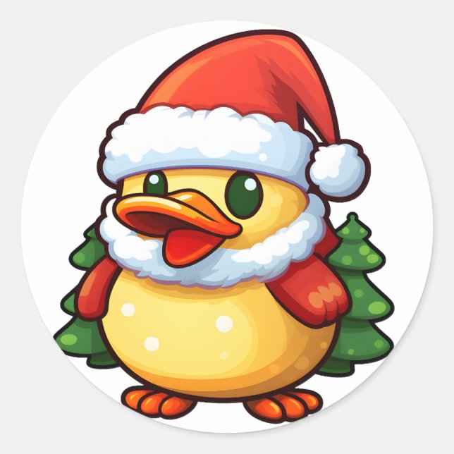 Sticker Rond Canard de Noël mignon dans chapeau de Santa (Devant)