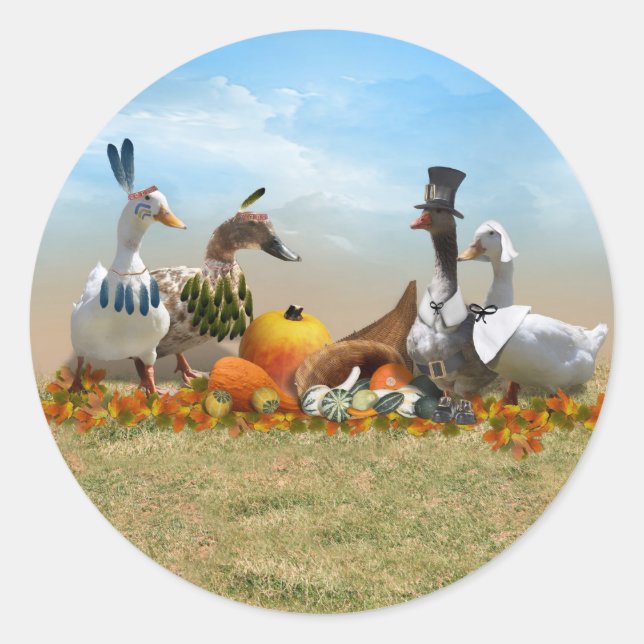 Sticker Rond Canards d'action de grâce - Pèlerins et Indiens (Devant)