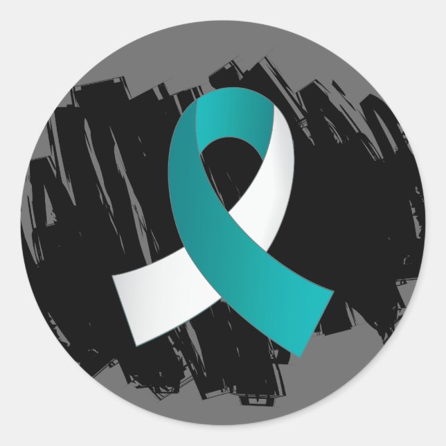 Sticker Rond Cancer Cervical Turquoise Ruban Blanc Avec Scribbl (Devant)