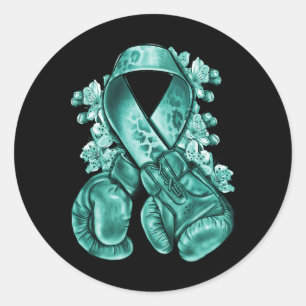 Sticker Rond Cancer de l'ovaire Ruban Turquoise avec gants de b