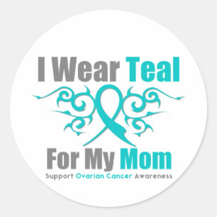 Sticker Rond Cancer de l'ovaire Turquoise Tribal Ribbon Maman