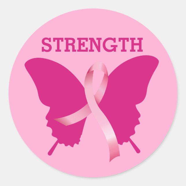 Sticker Rond Cancer du sein Papillon rose Ruban Force (Devant)