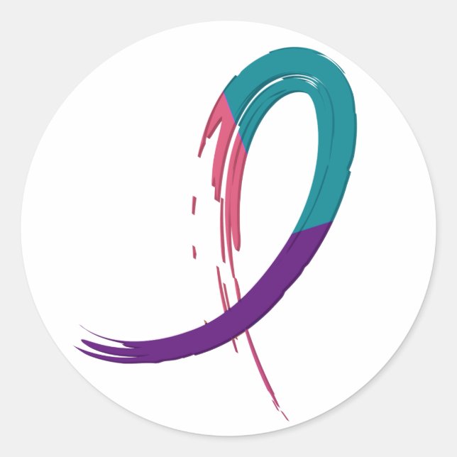 Sticker Rond Cancer Du Thyroïde Turquoise, Violet Et Rose Ruban (Devant)