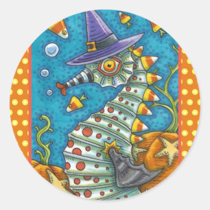 STICKER ROND CANDY CORN SEAHORSE WITCH, SOUS LA MER HALLOWEEN