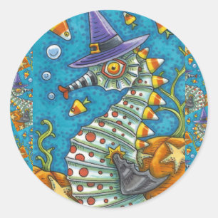 STICKER ROND CANDY CORN SEAHORSE WITCH, SOUS LA MER HALLOWEEN