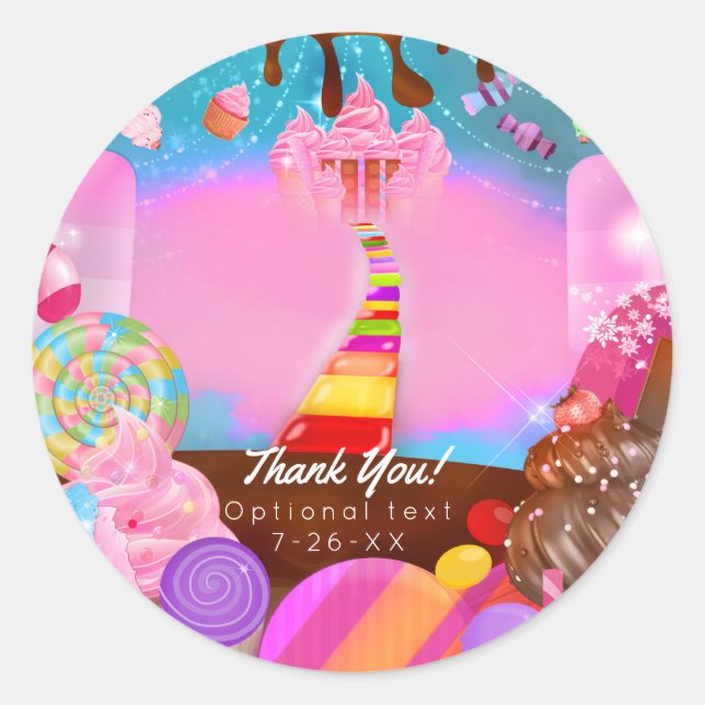 Sticker Rond Candy Land Party Imaginaire Candy Cupcakes Favoris (Devant)