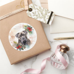 Sticker Rond Cane Corso Christmas Wreath Festive Pup
