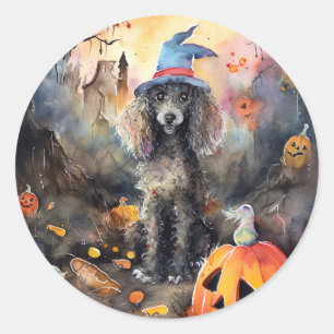 Sticker Rond Caniche D'Halloween Avec Peur Citrouille