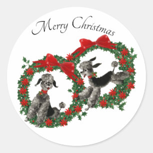 Sticker Rond Caniches mignons en guirlandes de houx de Noël