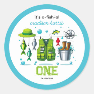 Sticker Rond Canne à pêche vintage "O-Fish-Ally One" 1er annive