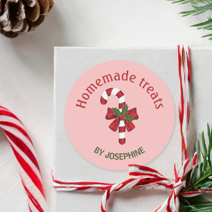 Sticker Rond Canne à Sucre avec un Nœud sur Fond Rose - Friandi