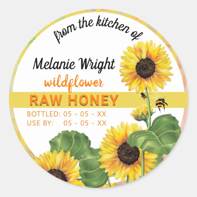 Sticker Rond Canne à tournesol de l'abeille de miel (Devant)