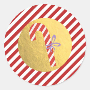 Sticker Rond Canne de Bonbon Noël Fêtes Rayures Rouges Feuille